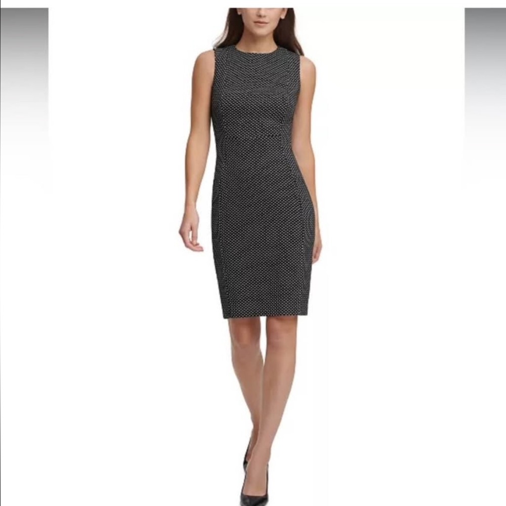 Calvin Klein Black with Silver Polkadots Patterned Midi Scuba Dress